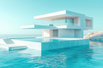 Fototapeta premium Modern architectural design of a house with a pool, set against a serene water backdrop.