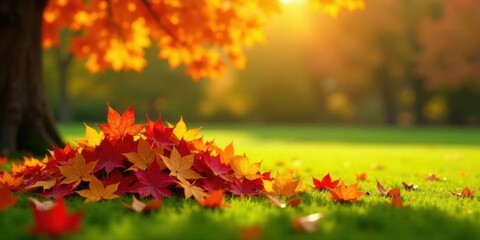 Autumnal pile of vibrant red and gold maple leaves scattered on a lush green lawn, bathed in the warm glow of sunset