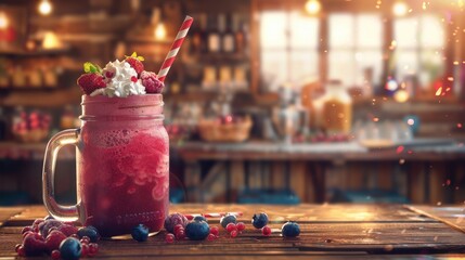 Delicious berry smoothie in mason jar with whipped cream on rustic wooden table.