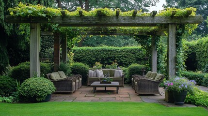 Fototapeta premium Serene patio garden with pergola, wicker furniture, and lush greenery.