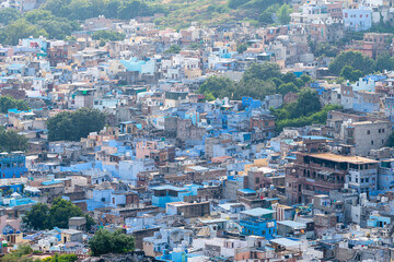Ausblick auf Blaue Stadt Jodhpur von der Mehrangarh Festungsanlage in Jodhpur Rajasthan Indien