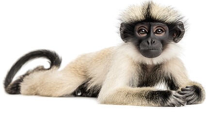 Fototapeta premium Cute young monkey lying down, isolated on white background.