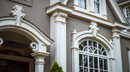Close-up view of a building's exterior, showcasing ornate white architectural details against a taupe-colored wall.  Features include arched entryways, columns, and multi-paned windows.