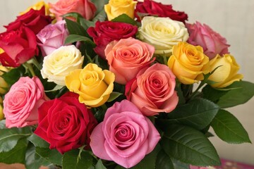 A vibrant bouquet of multicolored roses, a stunning display of floral beauty