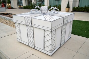 Large-scale gift box art installation with a stylish bow, showcasing detailed linework and a pristine white finish.