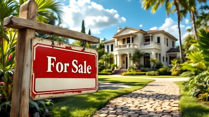 Fototapeta premium Charming tropical home for sale amidst lush greenery and brick pathway