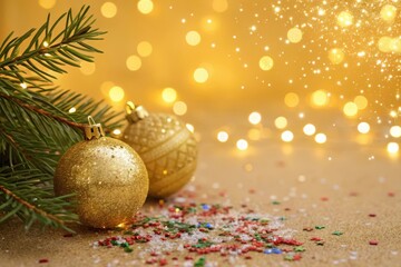 Golden Christmas ornaments nestled amongst evergreen boughs and festive confetti, illuminated by a warm, sparkling backdrop.