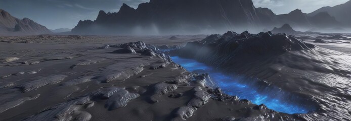 Viscous blue substance oozing across a barren, dark expanse, post apocalyptic, dark background
