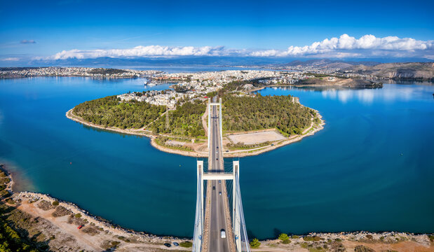 Aerial view of the new Evripus suspension bridge connecting the mainland and the city of Chalkida, Euboea island, Greece
