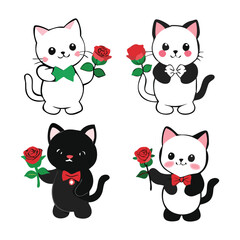 Obraz premium Cute Cartoon Cats Holding Red Roses, Perfect for Valentine's Day