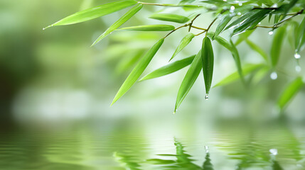 Fresh bamboo leaves with water reflection. Ideal for zen wellness and natural spa branding.