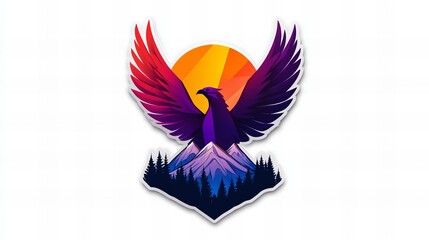 Fototapeta premium Majestic phoenix soaring above a mountain range at sunset. Vibrant colors and geometric shapes create a striking image.