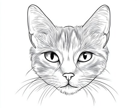 Minimalistic line art cat face with simple shapes and rounded forms, a cute doodle-style design on a white background.