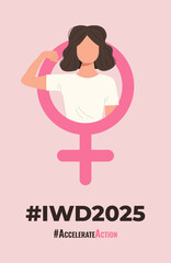 AccelerateAction 2025 campaign banner. Woman showing strength in hand in feminine symbol. Postcard for International Women's Day March 8th.