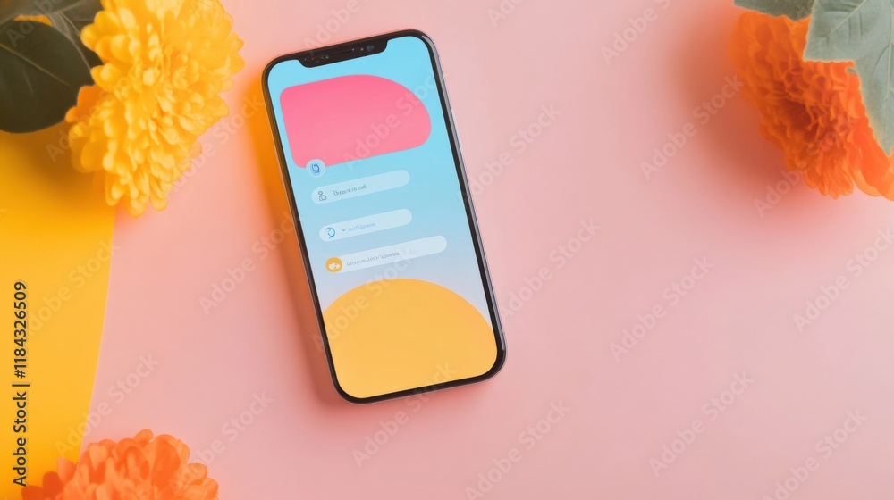 Aufkleber modern smartphone displaying a messenger chat on a colorful background with flowers and bright hues.