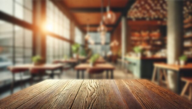 The empty wooden table top with blur background of cafe. Exuberant image.