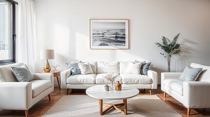 A minimalist living room featuring a white sofa, matching cushions, and wooden side tables with dome lamps. A black and white coastal photograph hangs above the sofa.