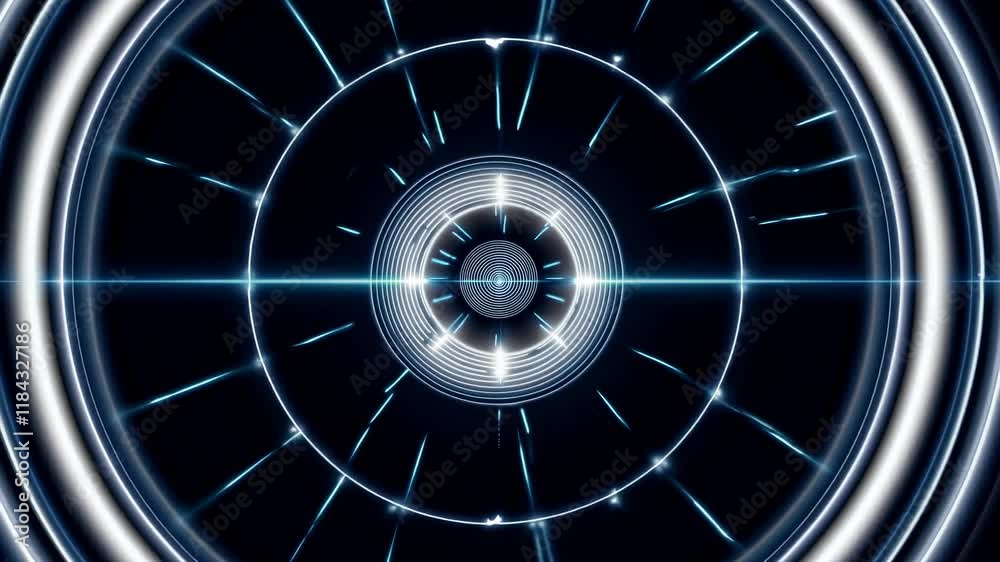Poster visual representation of dynamic circular patterns with glowing light effects and radial lines in a 