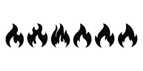 Fire flames silhouette icon set. Flame design of different shapes. Vector illustration of simple fire silhouette on white background. Campfire and Bonfire symbol.
