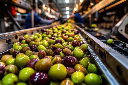 Freshly picked olives moving on conveyor belt in food processing plant