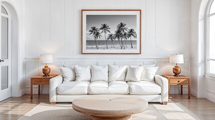 A minimalist living room featuring a white sofa, matching cushions, and wooden side tables with dome lamps. A black and white coastal photograph hangs above the sofa.