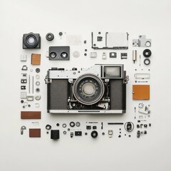 Fototapeta premium Disassembled vintage camera parts neatly arranged in knolling style, flat lay composition on a white background with soft lighting and minimalist design.
