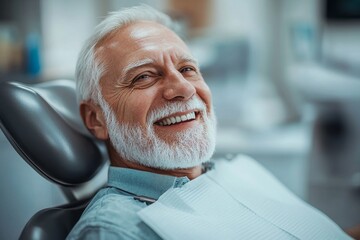 Happy senior man having dental treatment at dentist's office. Generative AI