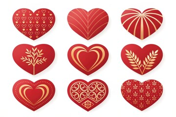 Nine Red Hearts with Golden Decorations A Collection of Valentine's Day Designs