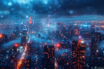 Fototapeta premium Aerial view of New York City at night with lights and fog.