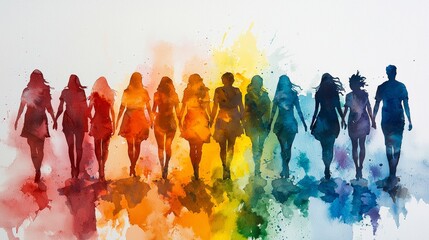 Colorful Watercolor Silhouette of Diverse People Holding Hands Together in Unity and Harmony Against a Vibrant Rainbow Background in Celebration of Love and Friendship