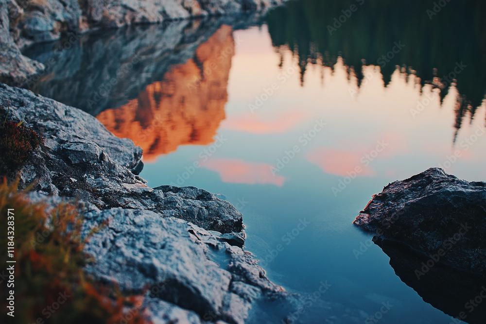 Poster reflection of rocky cliffs and trees on a tranquil lake during sunset