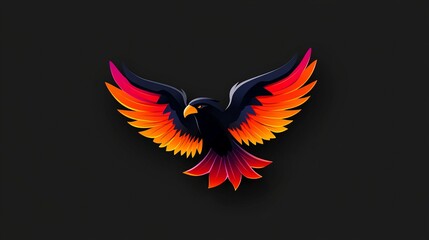 Obraz premium Fiery Wings in Flight: A stylized bird design with vibrant orange and red feathers against a dark background.