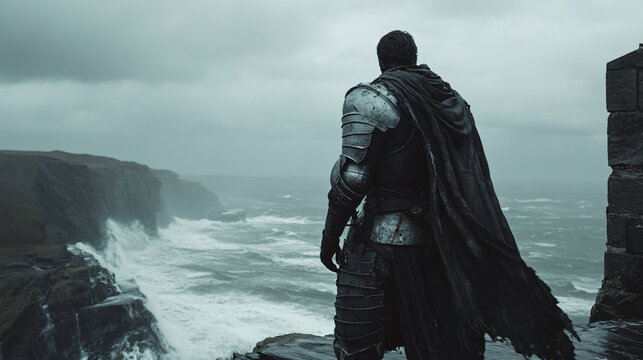 A knight in battered armor stands in solitude on the edge of a cliff, staring out at the tumultuous sea as the storm rages around him, unmoved by the chaos.