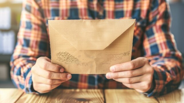 Distressed Man Holding Layoff Notice at Desk, Blurred Office Background Emphasizing Emotional Response