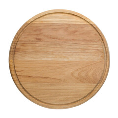 round wooden cutting board with natural grain isolated on white background, kitchen and serving accessory for food preparation
