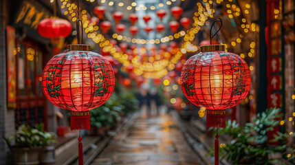 Obraz premium Festive Lantern-Lit Alley with Glowing Red Decorations..