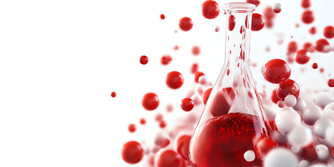 A vibrant image of a laboratory flask filled with red liquid, surrounded by floating red and white molecules, symbolizing scientific research.