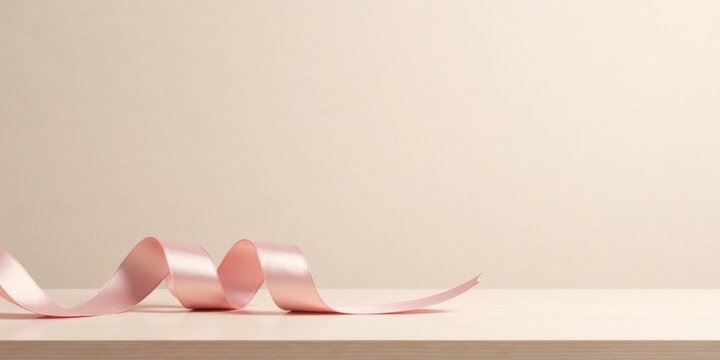 A delicate blush pink satin ribbon elegantly curls across a light beige surface