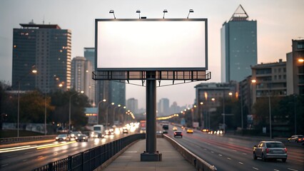 Blank Billboard in Cityscape: A towering blank billboard dominates the urban landscape, bathed in the soft glow of twilight. The canvas beckons.