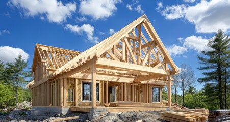Detailed overview of a residential building in progress with a gabled roof style.