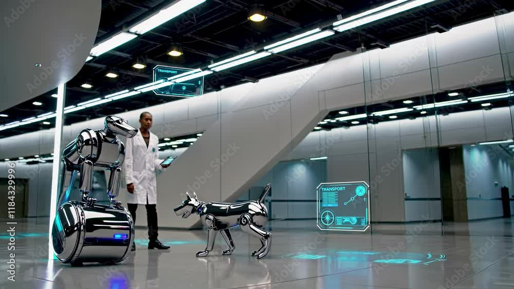 Poster robots interact in a futuristic environment showcasing advanced technology and design concepts