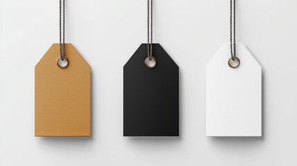 Three blank price tags in brown, black, and white with strings on a light background.