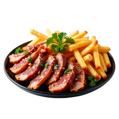Sliced sausage and fries, garnished with parsley