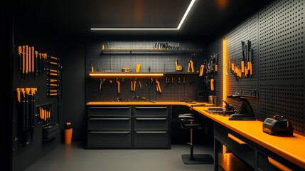 An aesthetically pleasing tool room showcasing a gray bar specifically for tools.