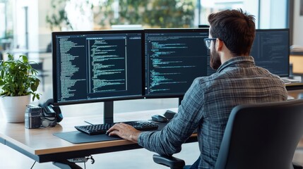 A man engaged in cyber security tasks while working on a computer.