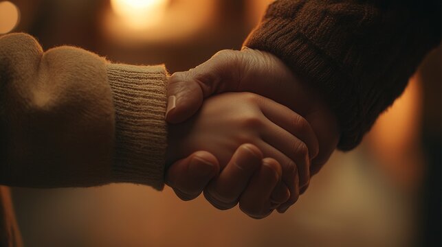 A close-up of the young boy’s hand holding the elderly man’s hand, both gripping tightly in a moment of connection - Powered by Adobe