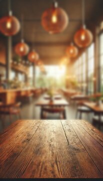The empty wooden table top with blur background of cafe. Exuberant image.