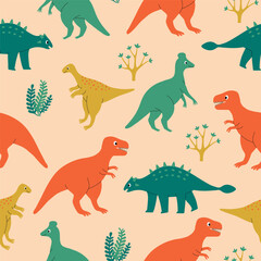 Seamless pattern with cute colorful dinosaur characters and plants on pink background. Template for print, fabric, wallpaper, wrapping paper