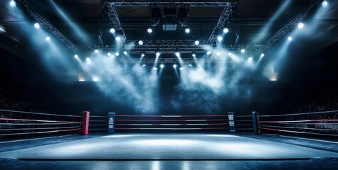 A fully equipped boxing venue featuring dramatic lighting setups.