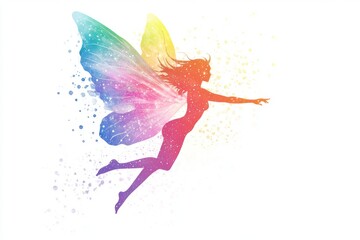 Obraz premium Rainbow-winged fairy silhouette in dreamy clipart style with glitter splashes on white background
